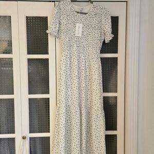 White Maxi Dress with Blue Floral Print 🌻🤍